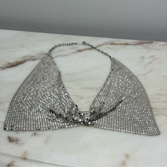 Vintage Jewelry - 1980s Silver Mesh Bow Tie Style Chainmail Choker Style Bib Necklace